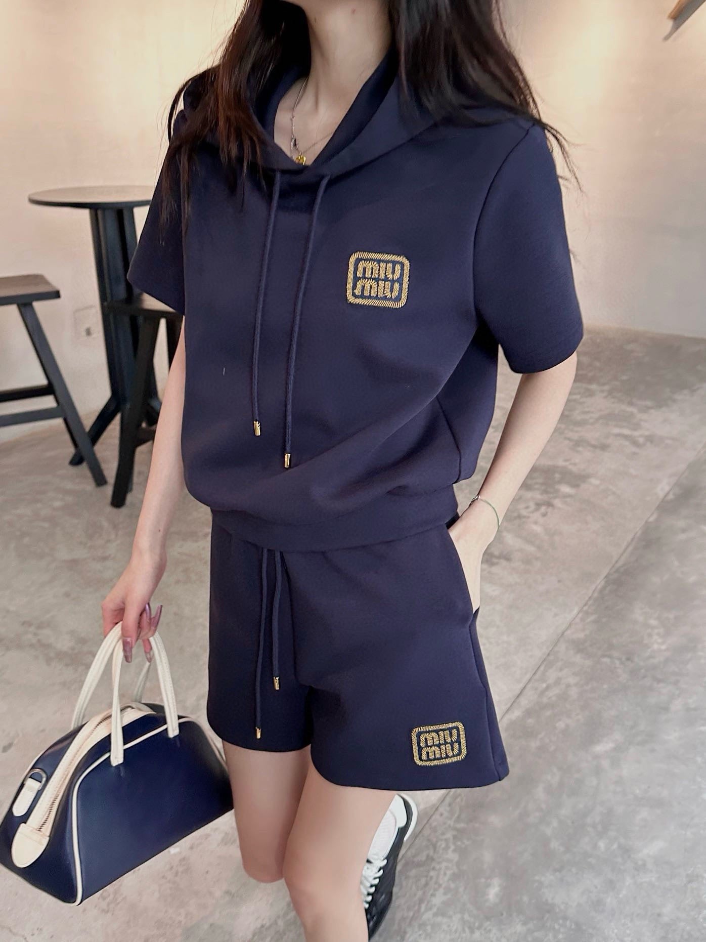 Letter Stamp Embroidered Hooded Short Sleeve Shorts Set