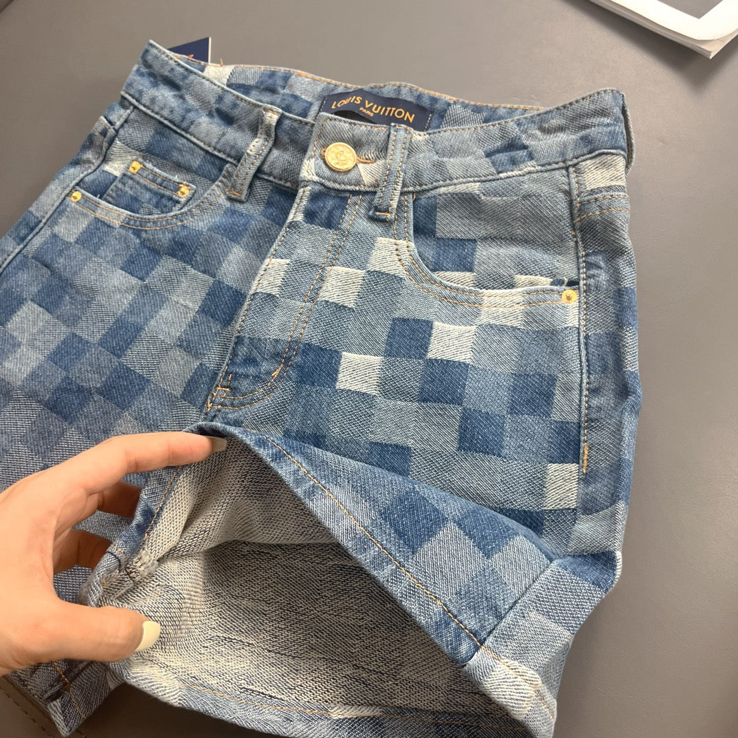 Checkerboard Letter Printed Denim Shorts