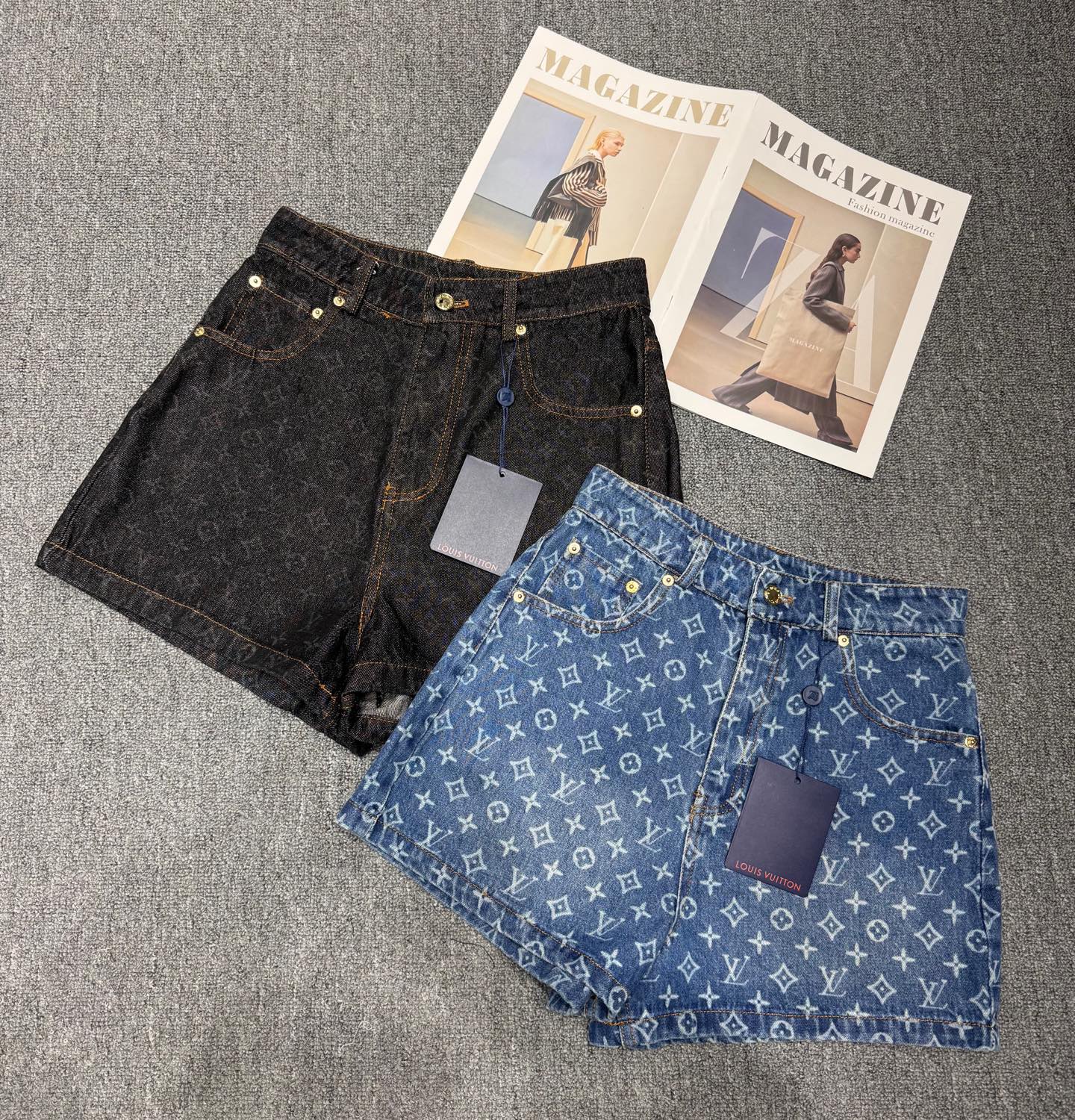 Denim shorts with monogram and two-tone letters