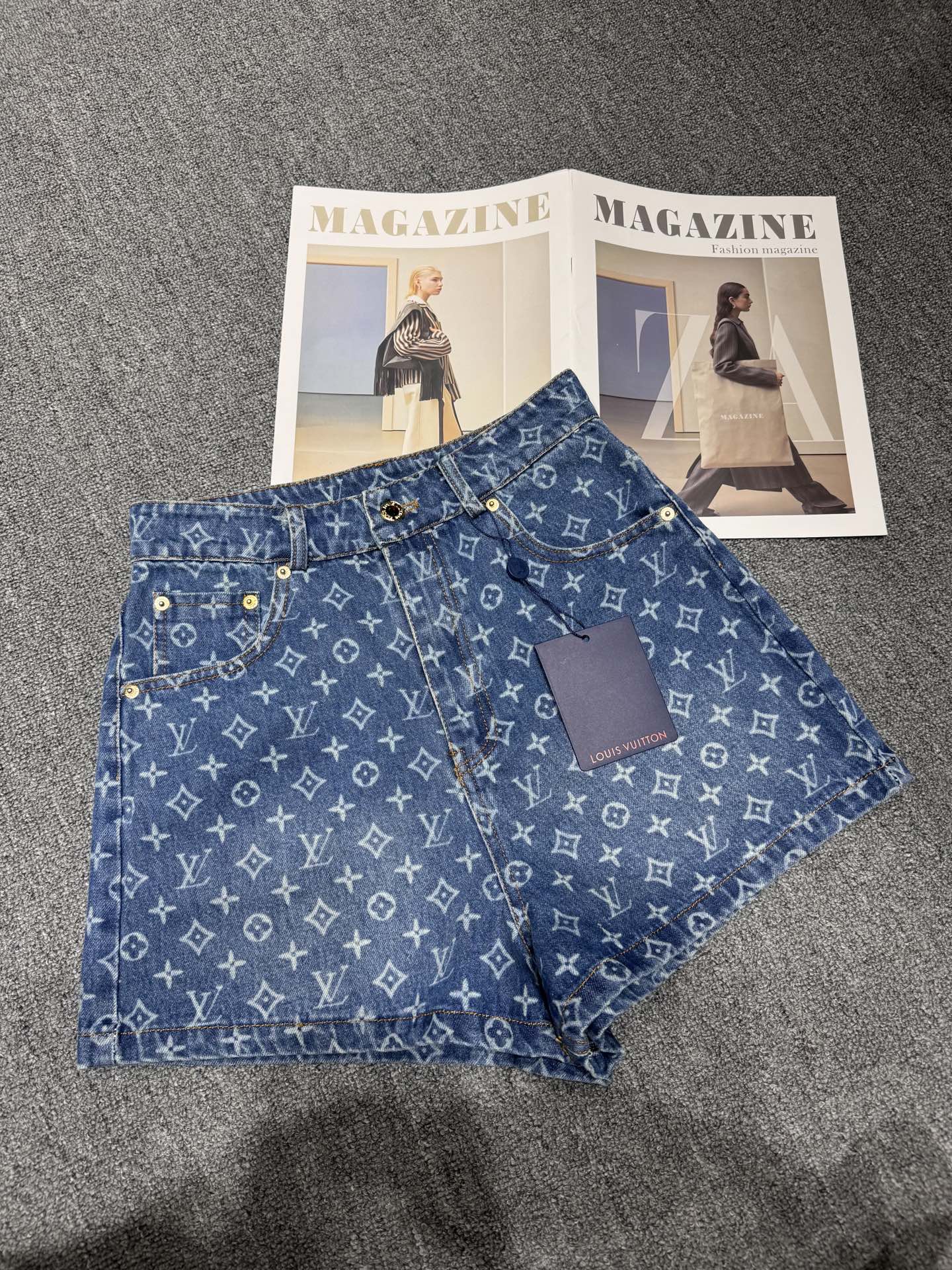 Denim shorts with monogram and two-tone letters