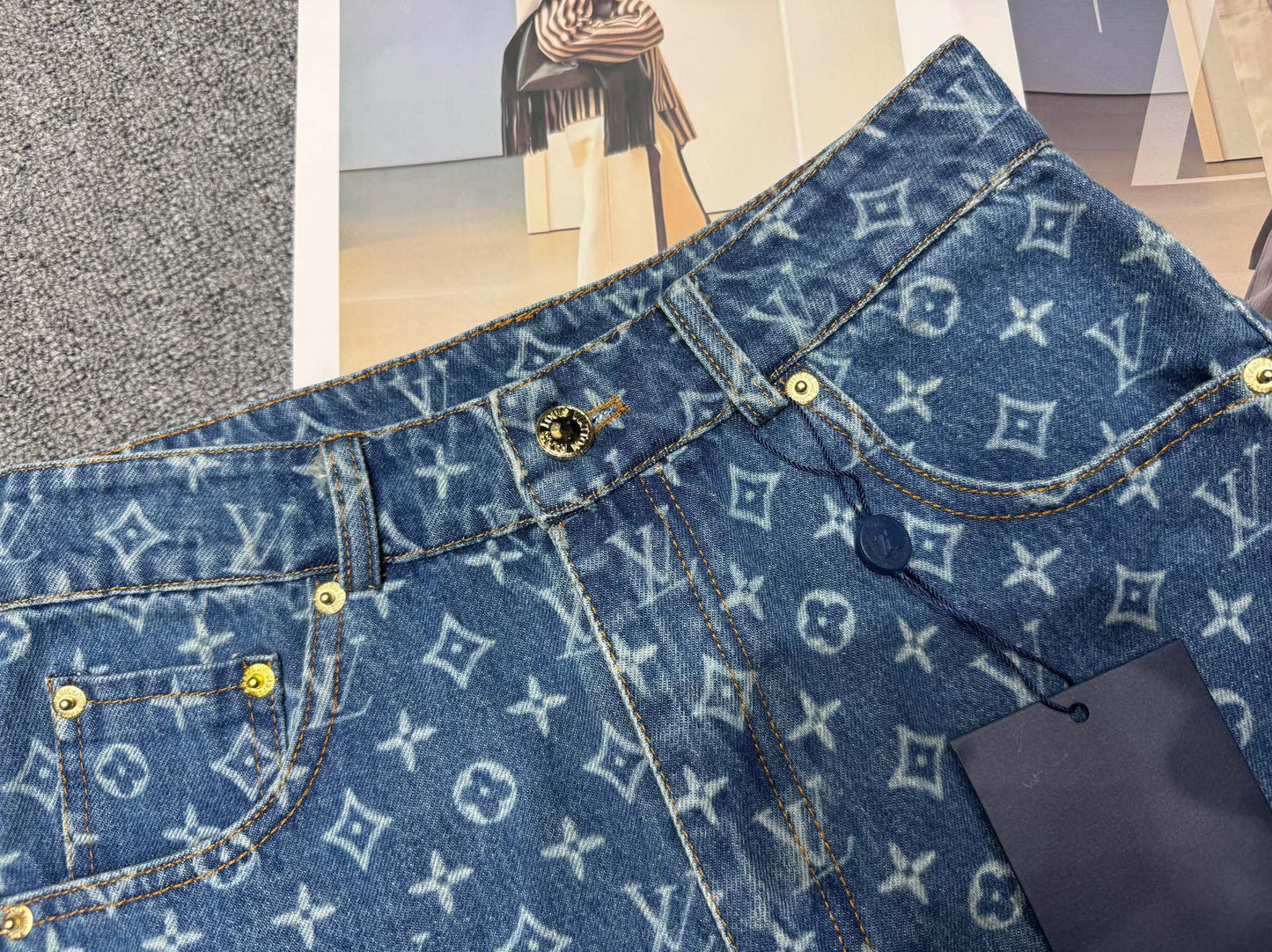 Denim shorts with monogram and two-tone letters