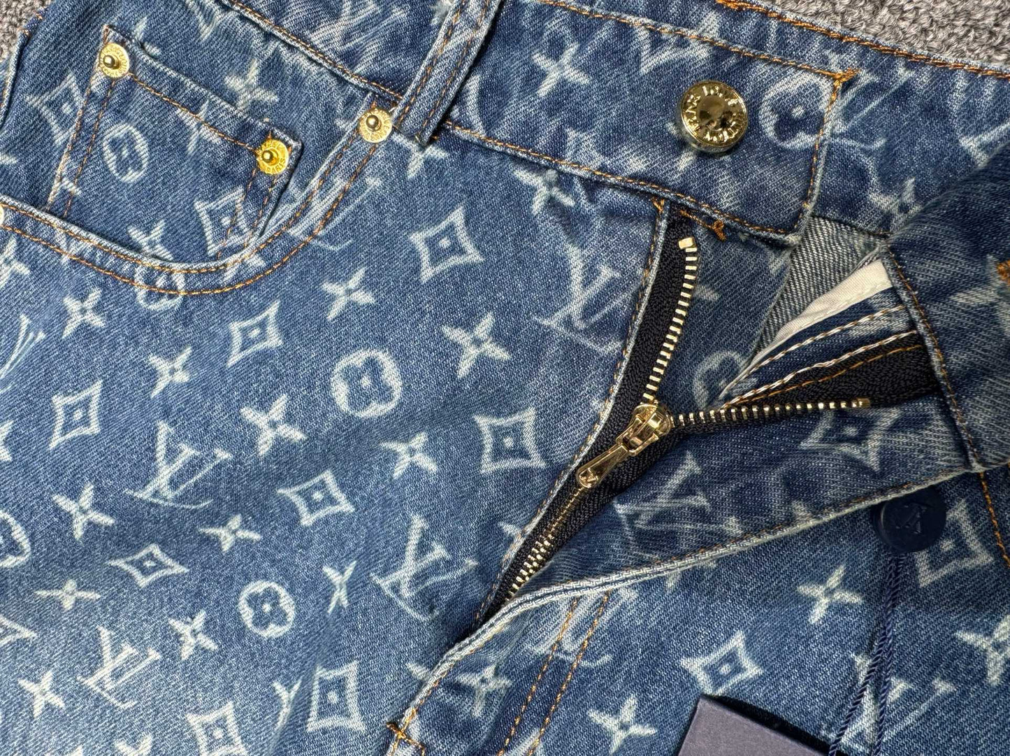 Denim shorts with monogram and two-tone letters