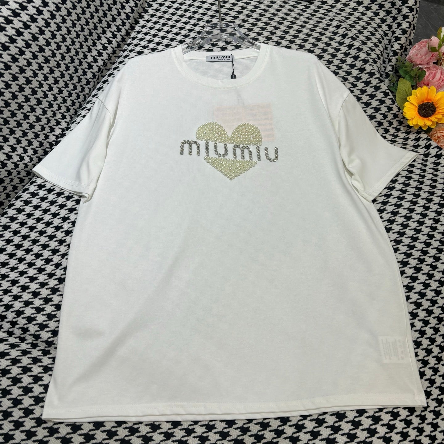 New round neck love embroidery beaded diamond short sleeves