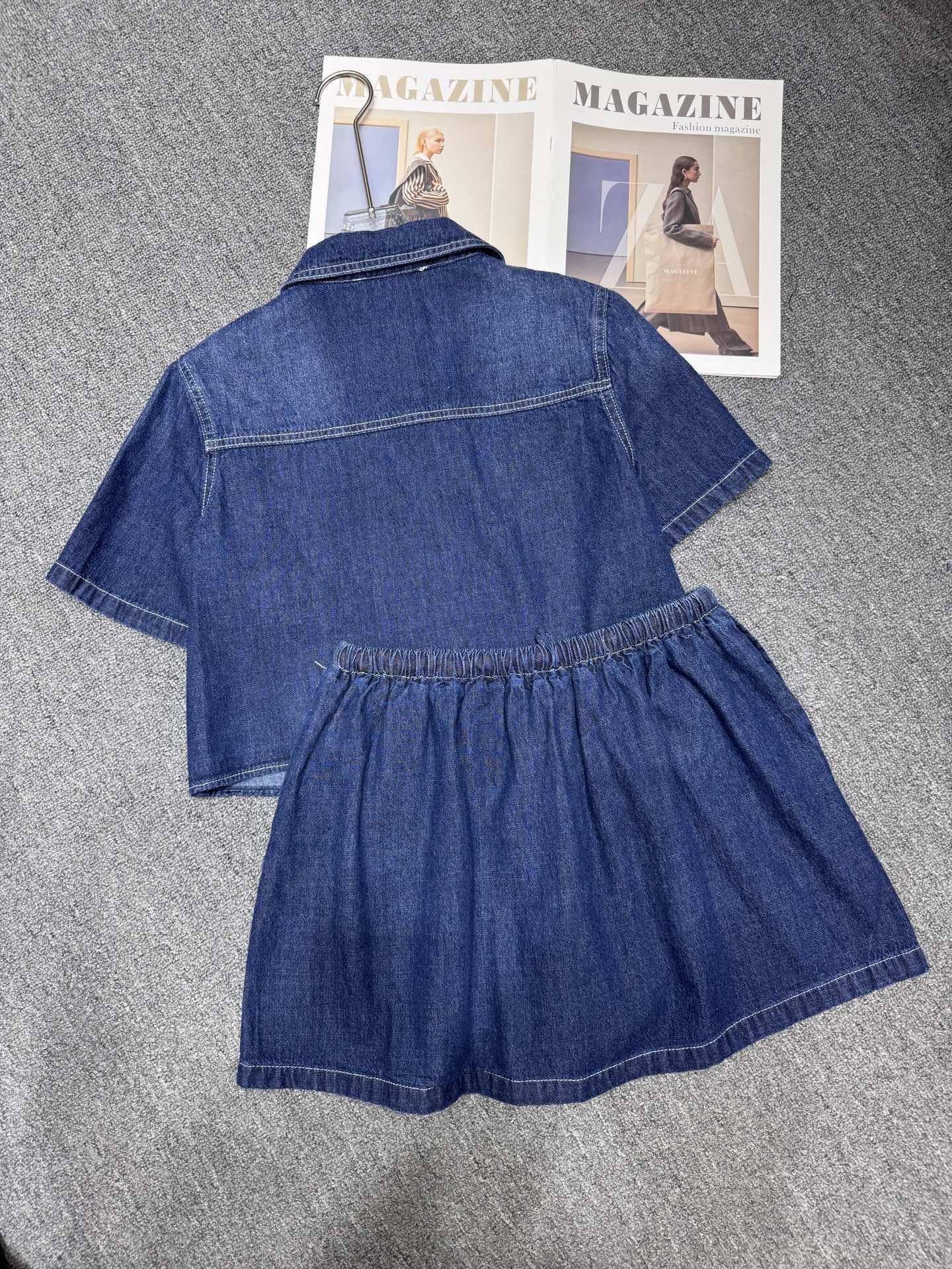 Lapel denim short sleeve + short skirt suit
