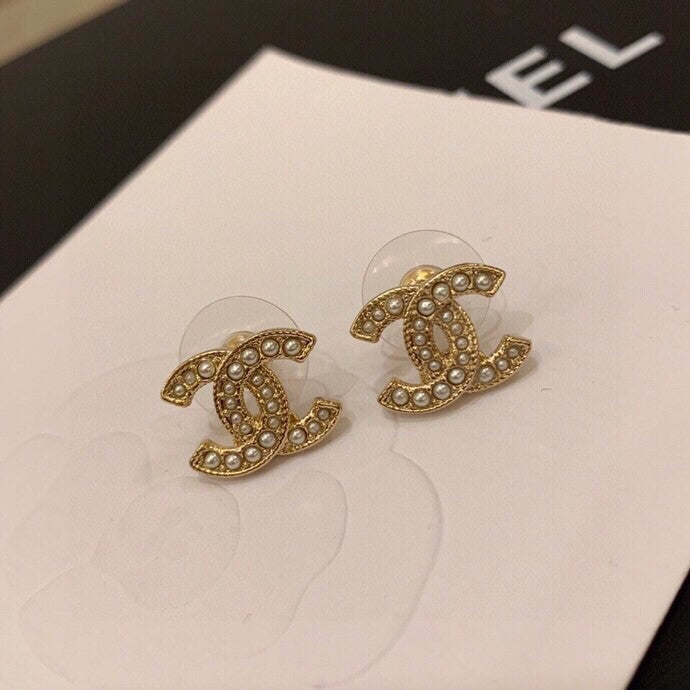 Double C brass pearl earrings