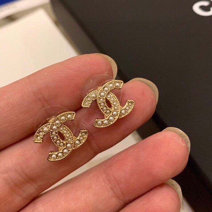 Double C brass pearl earrings