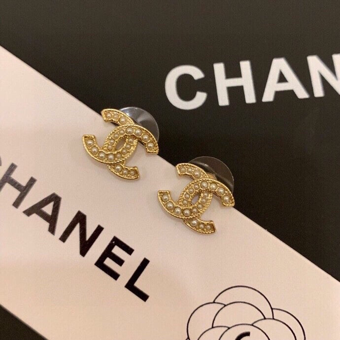 Double C brass pearl earrings
