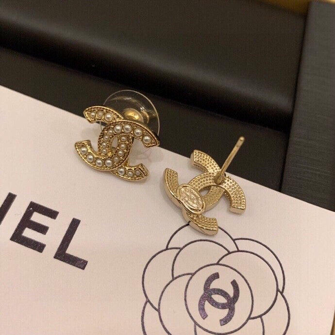 Double C brass pearl earrings