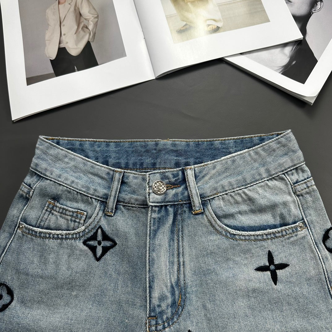 Vintage Floral Alphabet Embroidered Denim Shorts