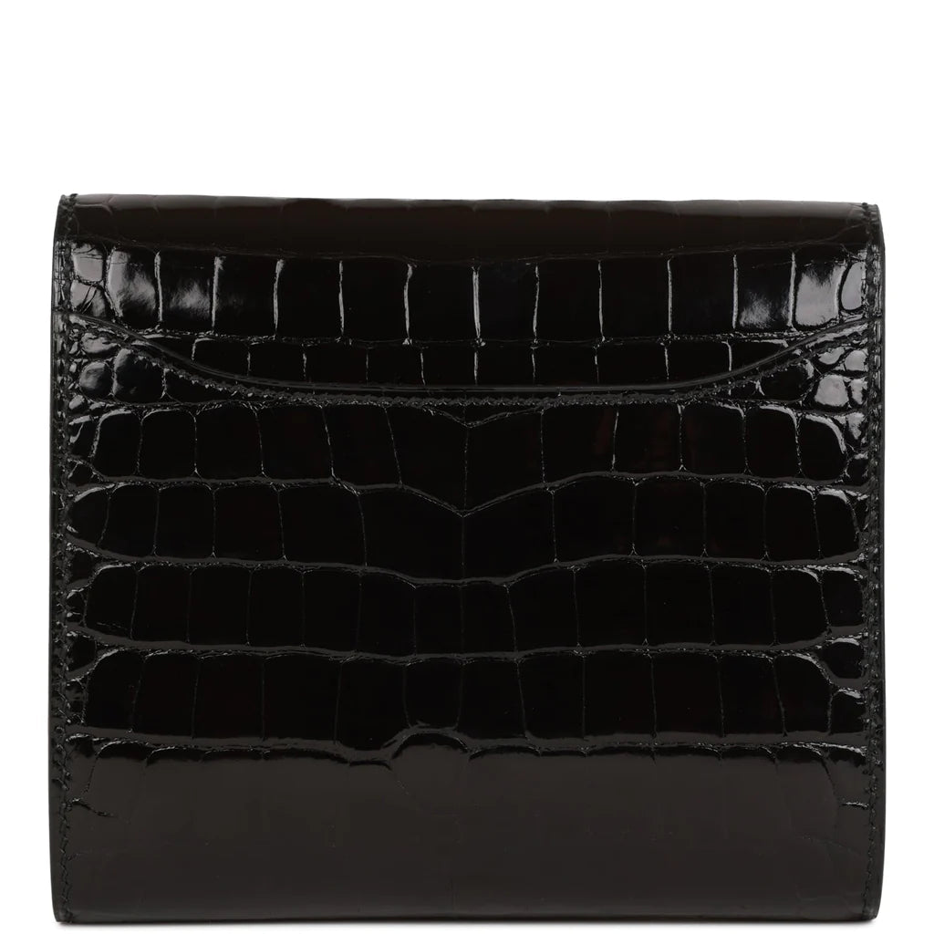 HE&ME Constance Compact Wallet Black Shiny Alligator Rose Gold Hardware