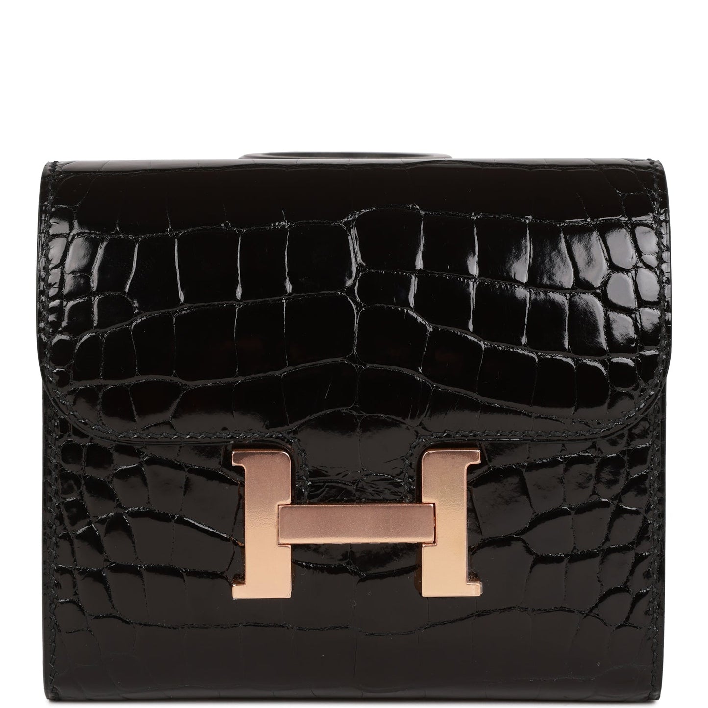 HE&ME Constance Compact Wallet Black Shiny Alligator Rose Gold Hardware