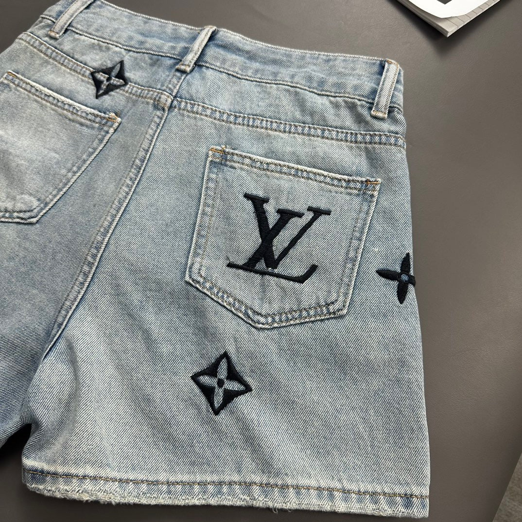 Vintage Floral Alphabet Embroidered Denim Shorts