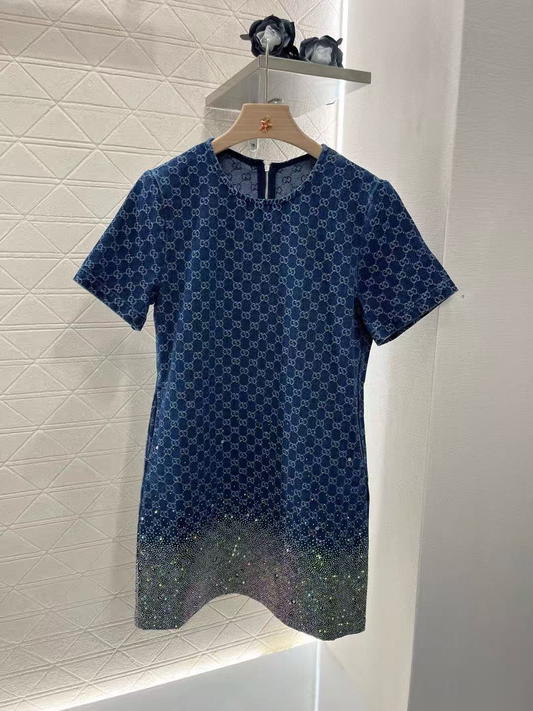 Skirt gradient full of stars rhinestone round neck short sleeve dress