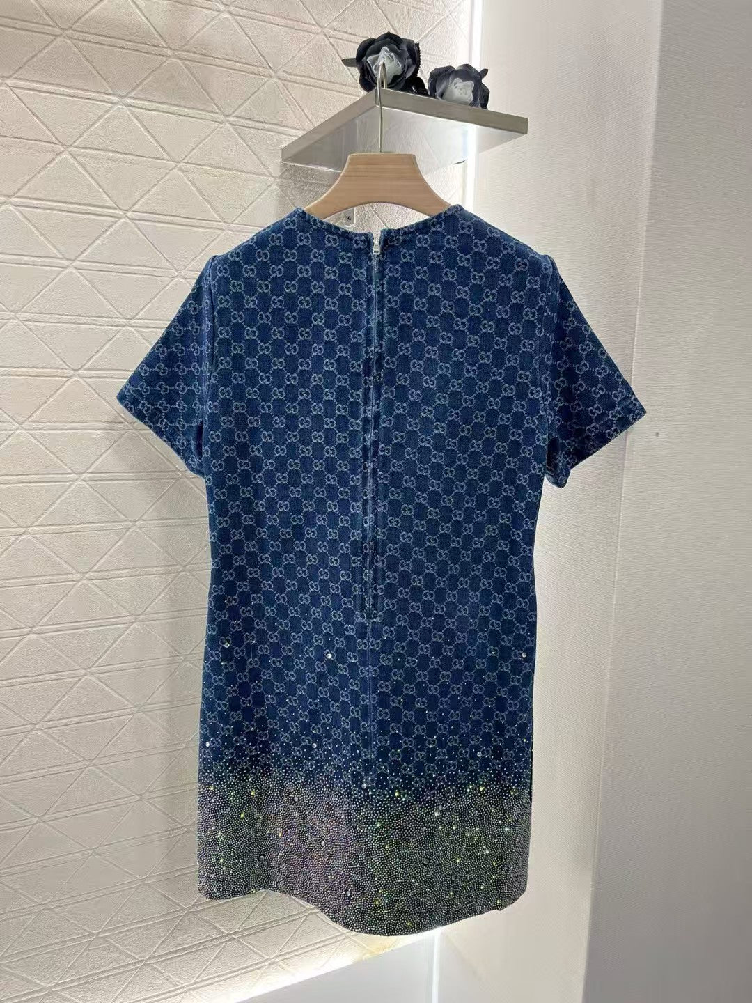 Skirt gradient full of stars rhinestone round neck short sleeve dress