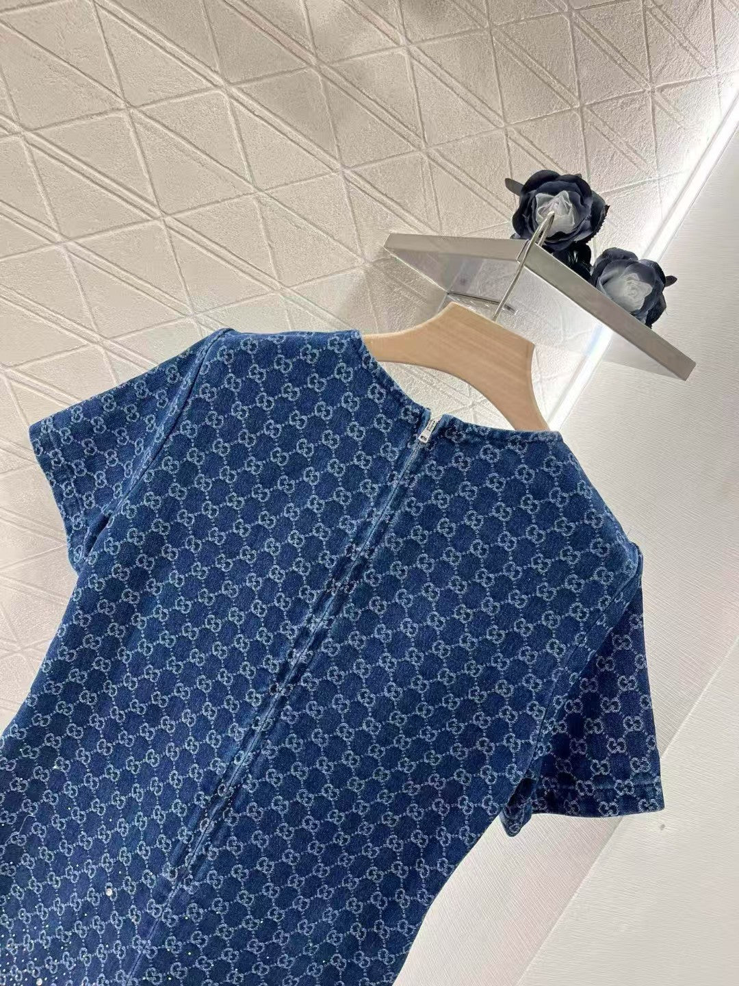 Skirt gradient full of stars rhinestone round neck short sleeve dress