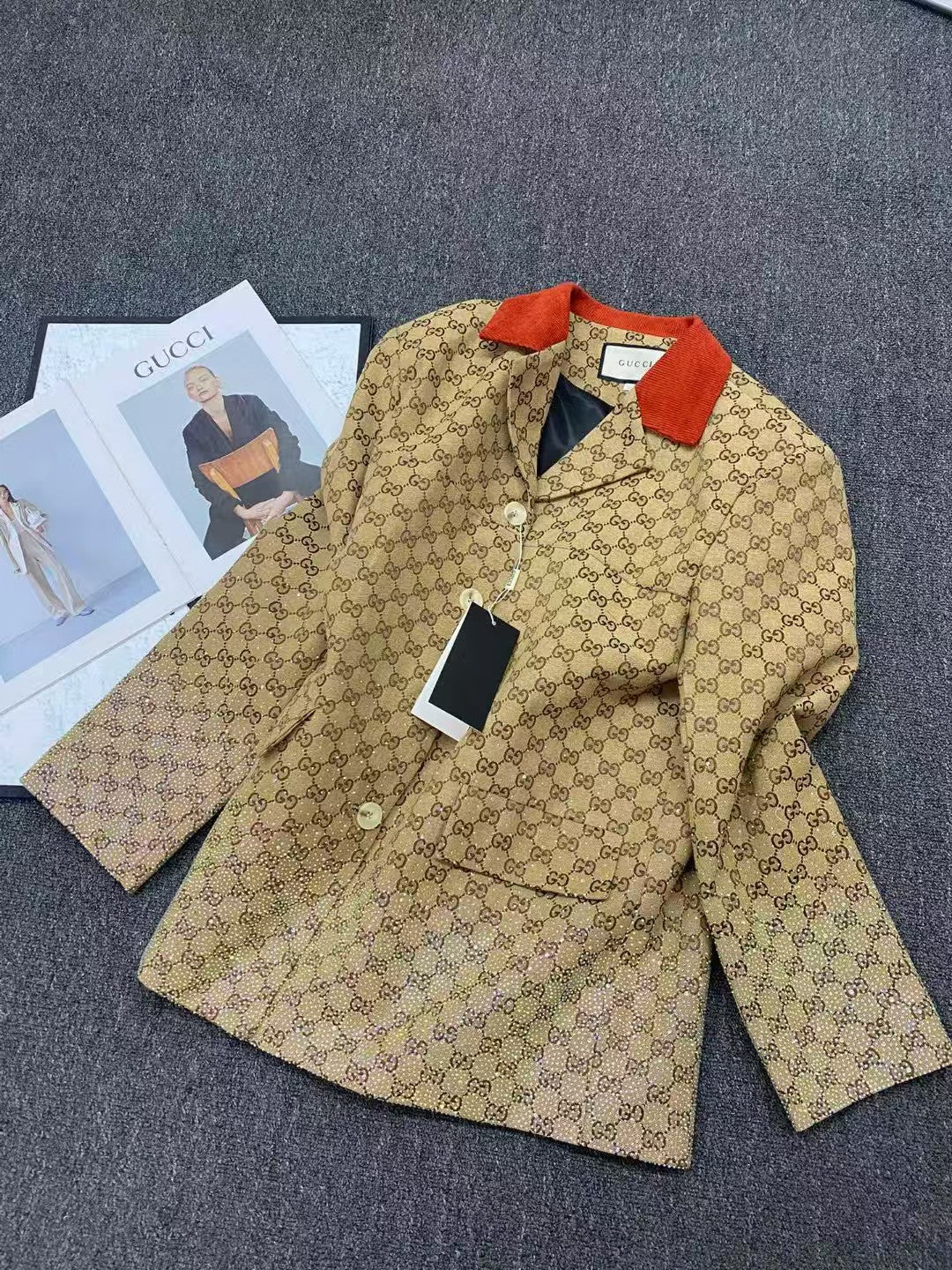 Hot rhinestone printed suit jacket and short skirt suit