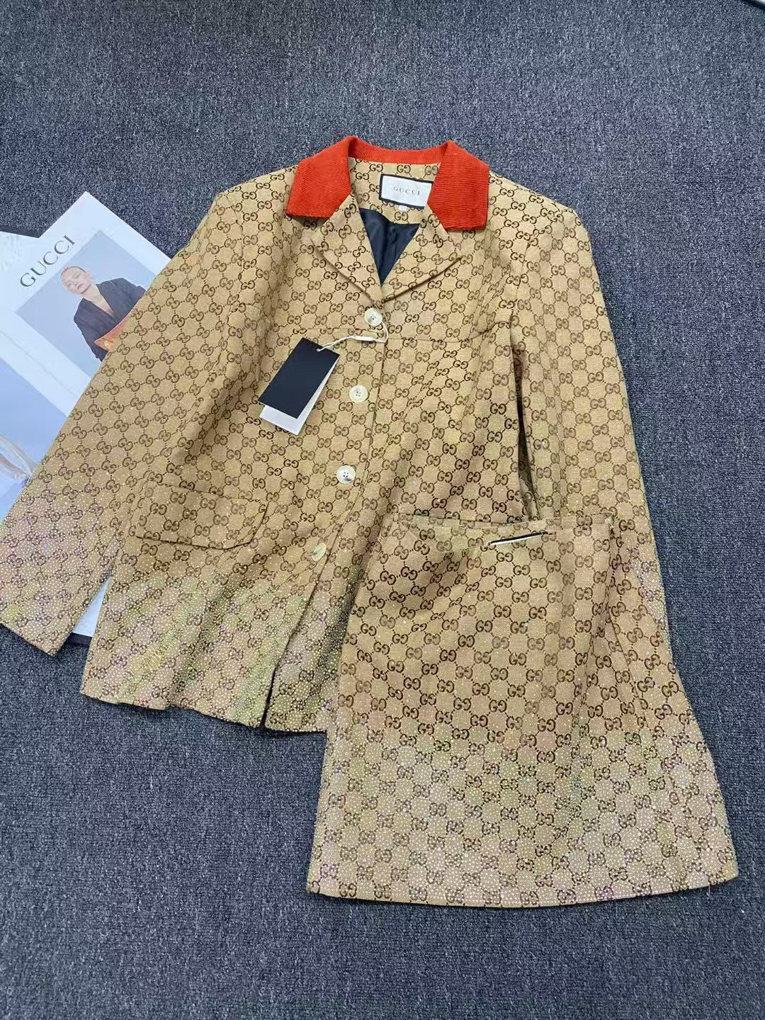 Hot rhinestone printed suit jacket and short skirt suit