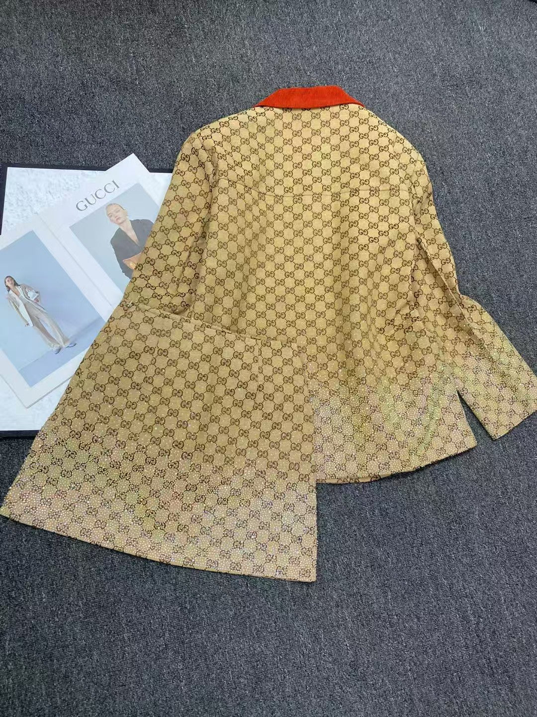 Hot rhinestone printed suit jacket and short skirt suit