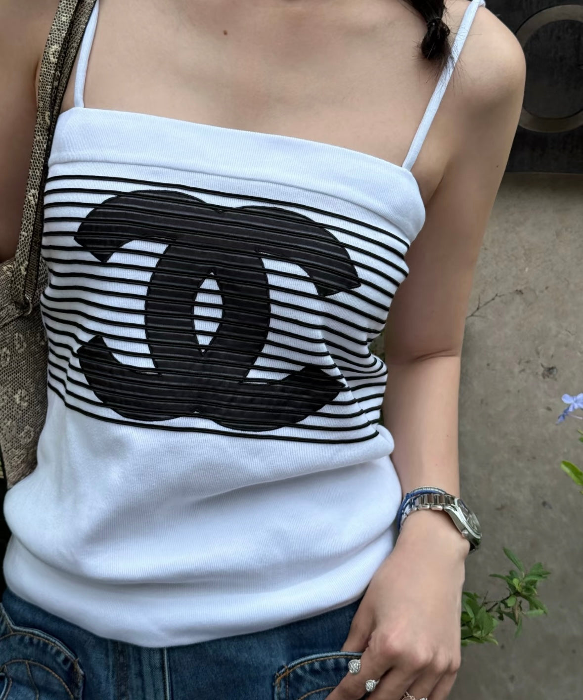 Black-and-white matching striped shoulder strap camisole