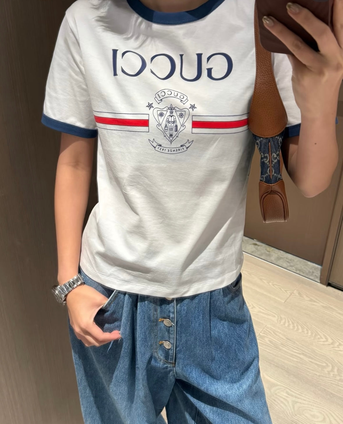 Round neck color matching printed short sleeves