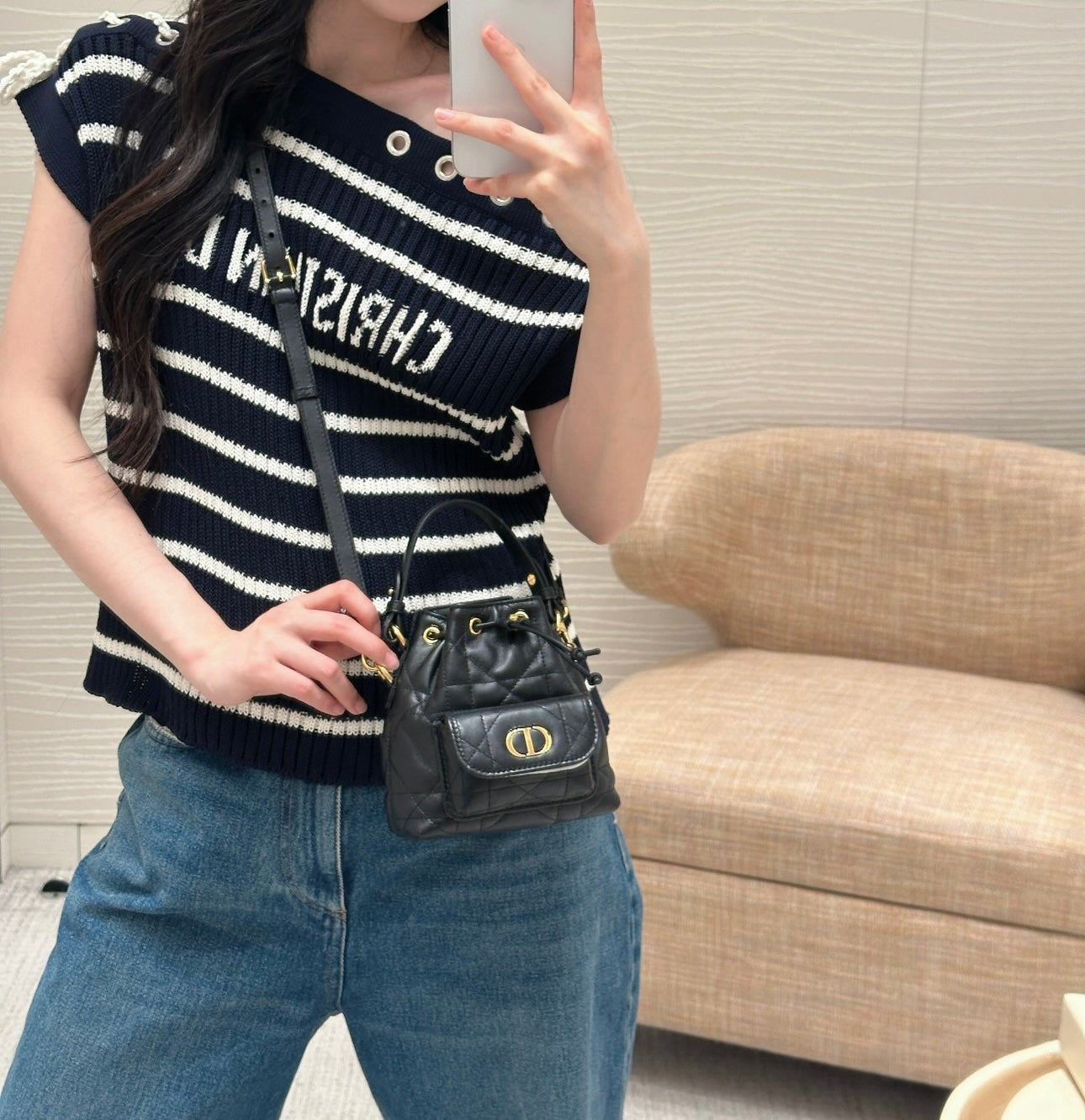 Striped knitted short sleeves with various wearing methods of straps