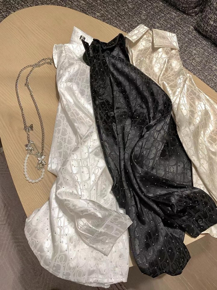Tri-color jacquard satin shirt with diamond