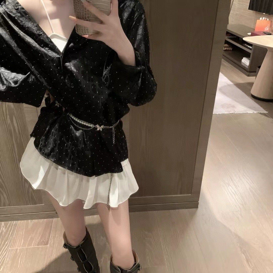 Tri-color jacquard satin shirt with diamond