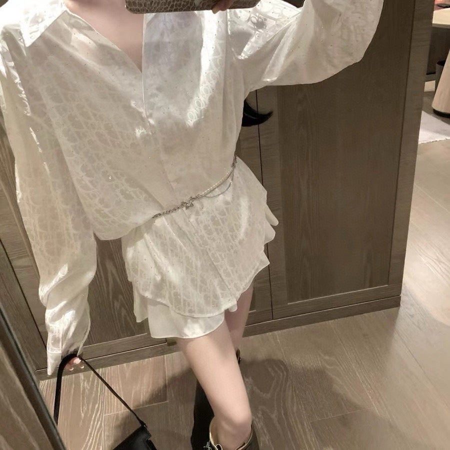 Tri-color jacquard satin shirt with diamond