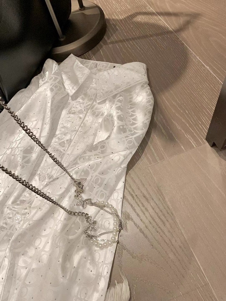 Tri-color jacquard satin shirt with diamond