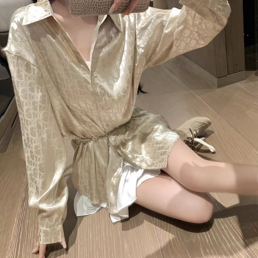 Tri-color jacquard satin shirt with diamond