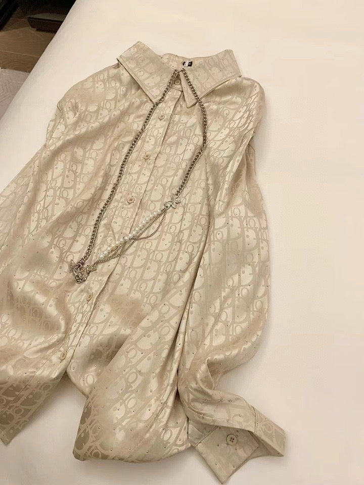 Tri-color jacquard satin shirt with diamond