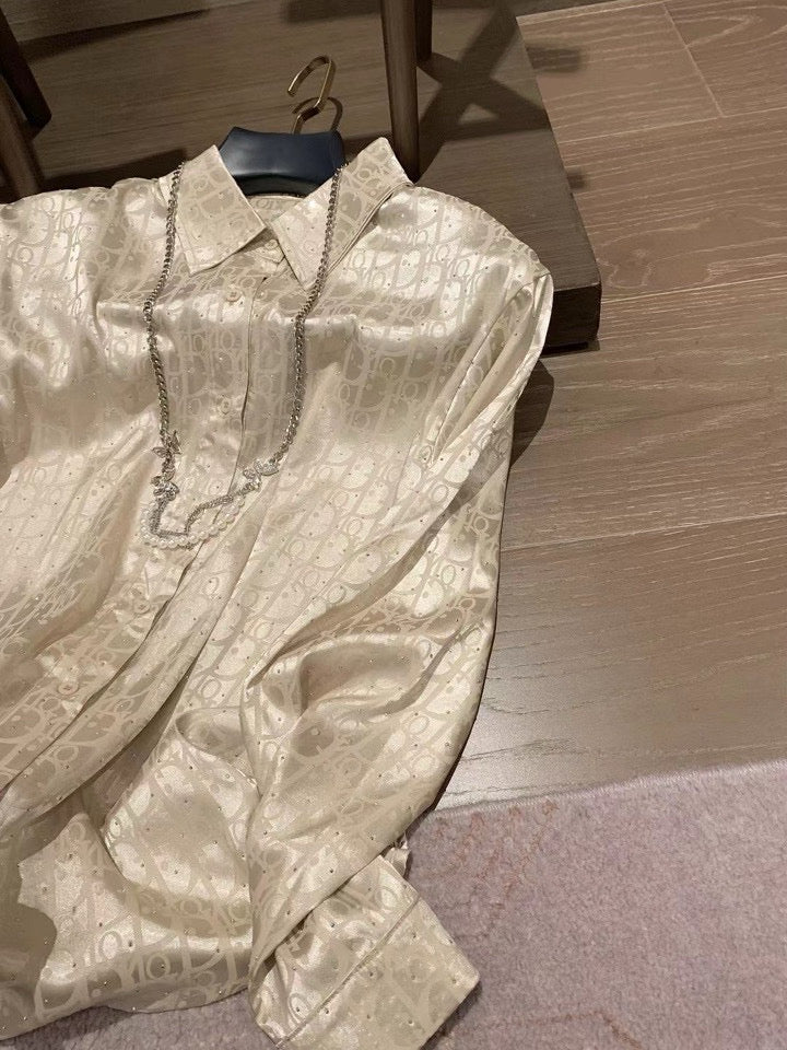 Tri-color jacquard satin shirt with diamond