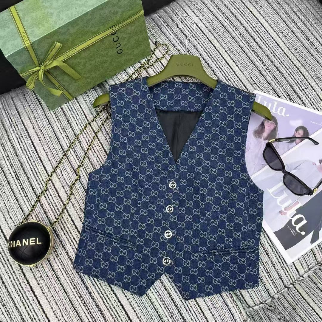Denim Jacquard vest pleated skirt suit