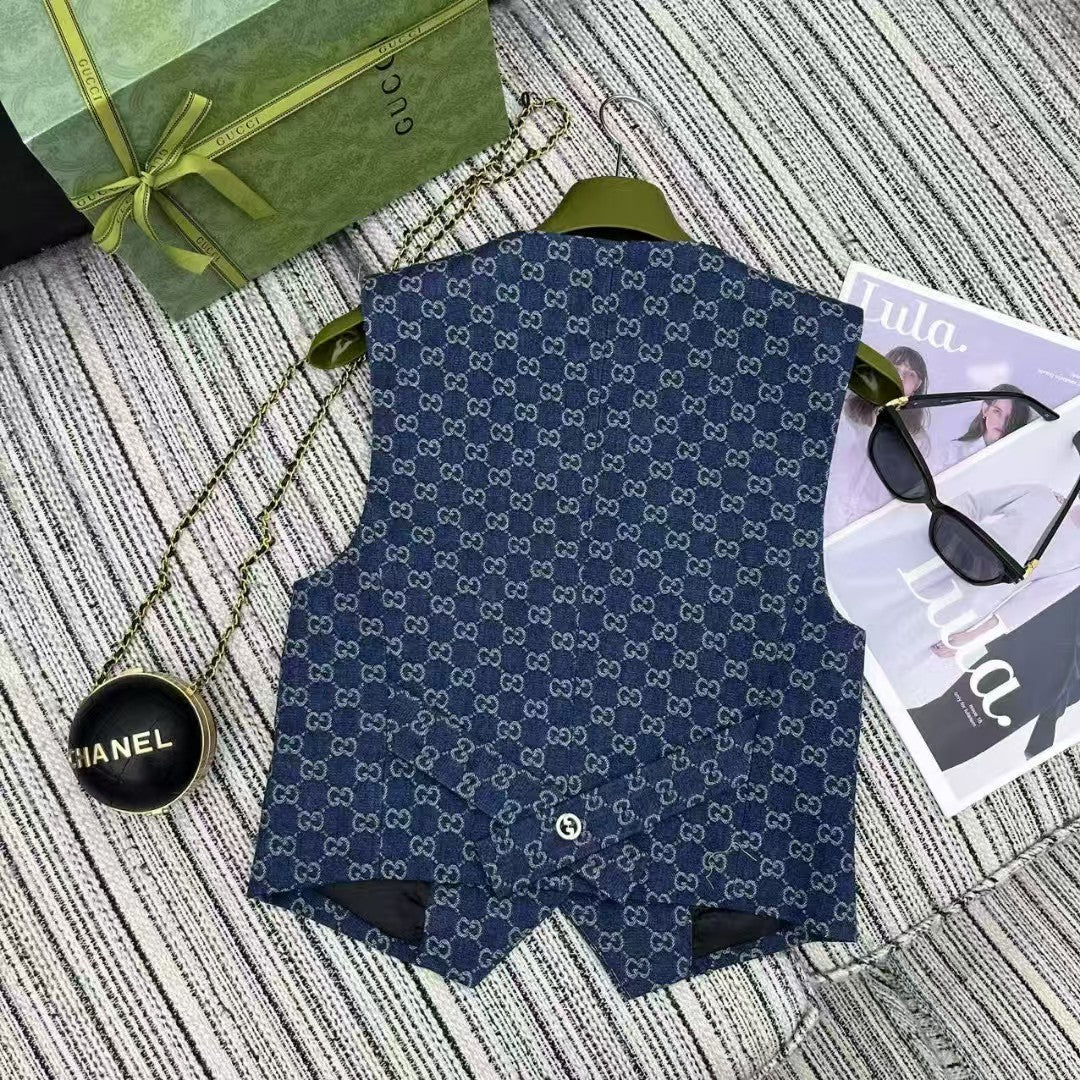 Denim Jacquard vest pleated skirt suit