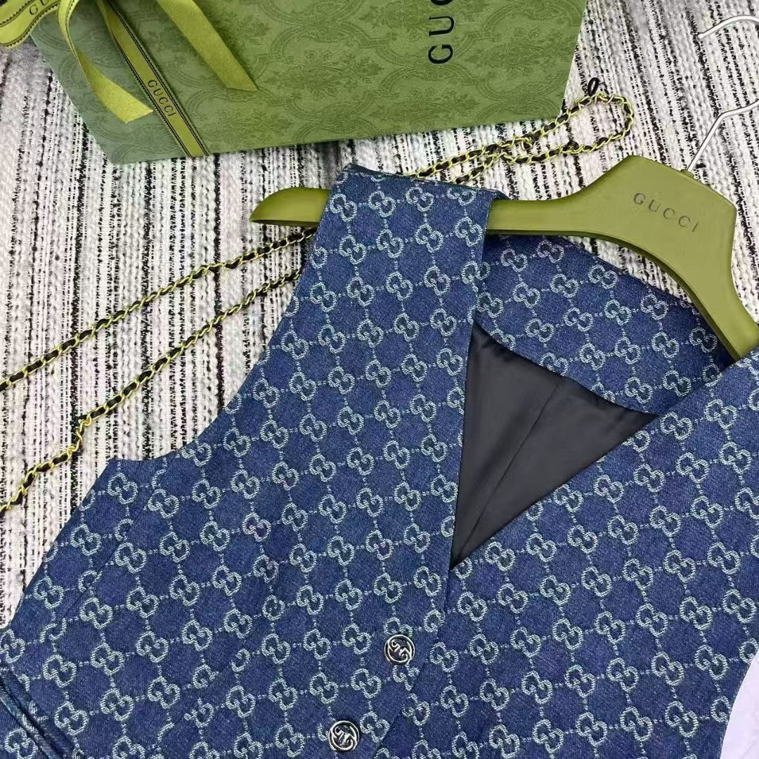 Denim Jacquard vest pleated skirt suit