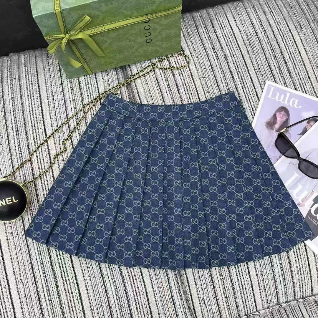Denim Jacquard vest pleated skirt suit