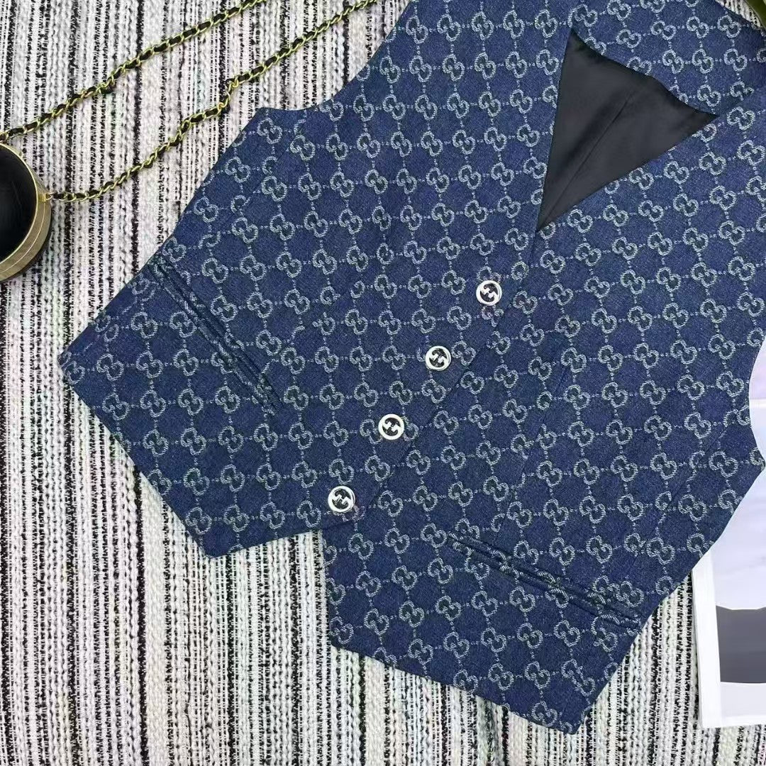Denim Jacquard vest pleated skirt suit