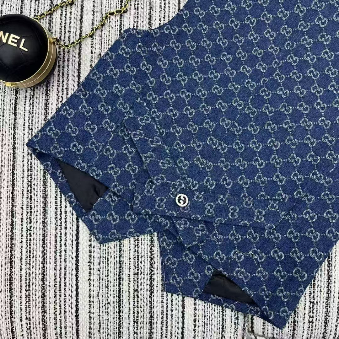 Denim Jacquard vest pleated skirt suit