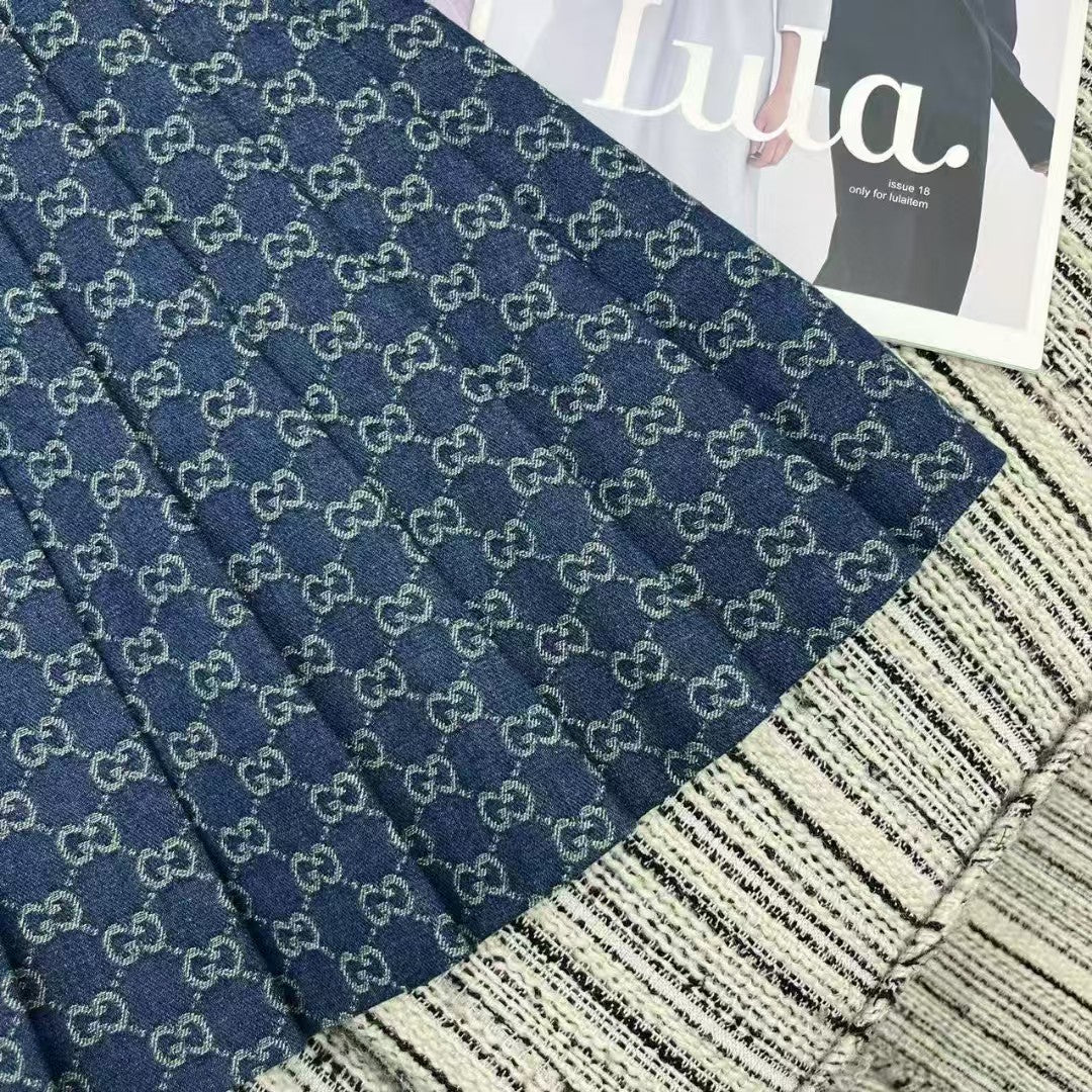 Denim Jacquard vest pleated skirt suit