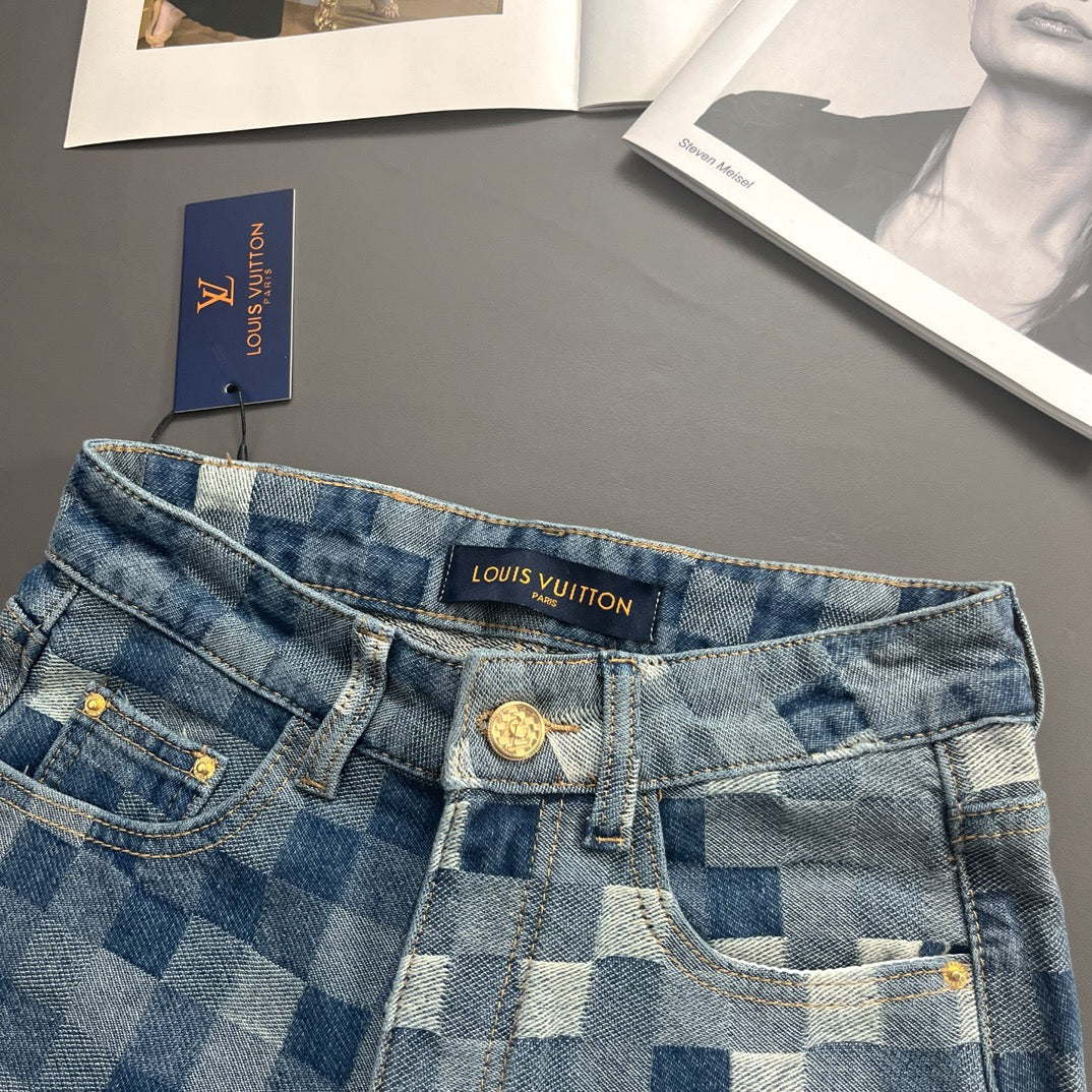 Checkerboard Letter Printed Denim Shorts