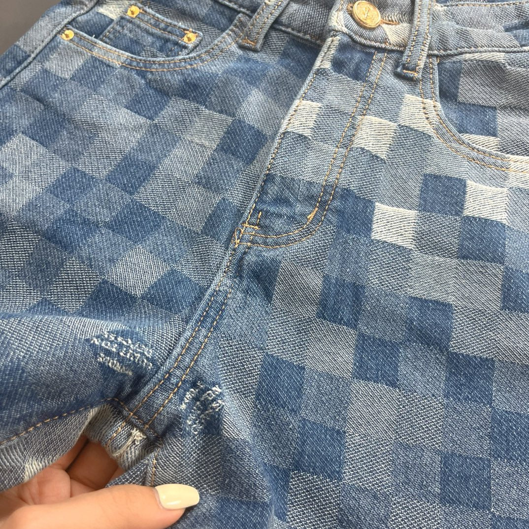 Checkerboard Letter Printed Denim Shorts