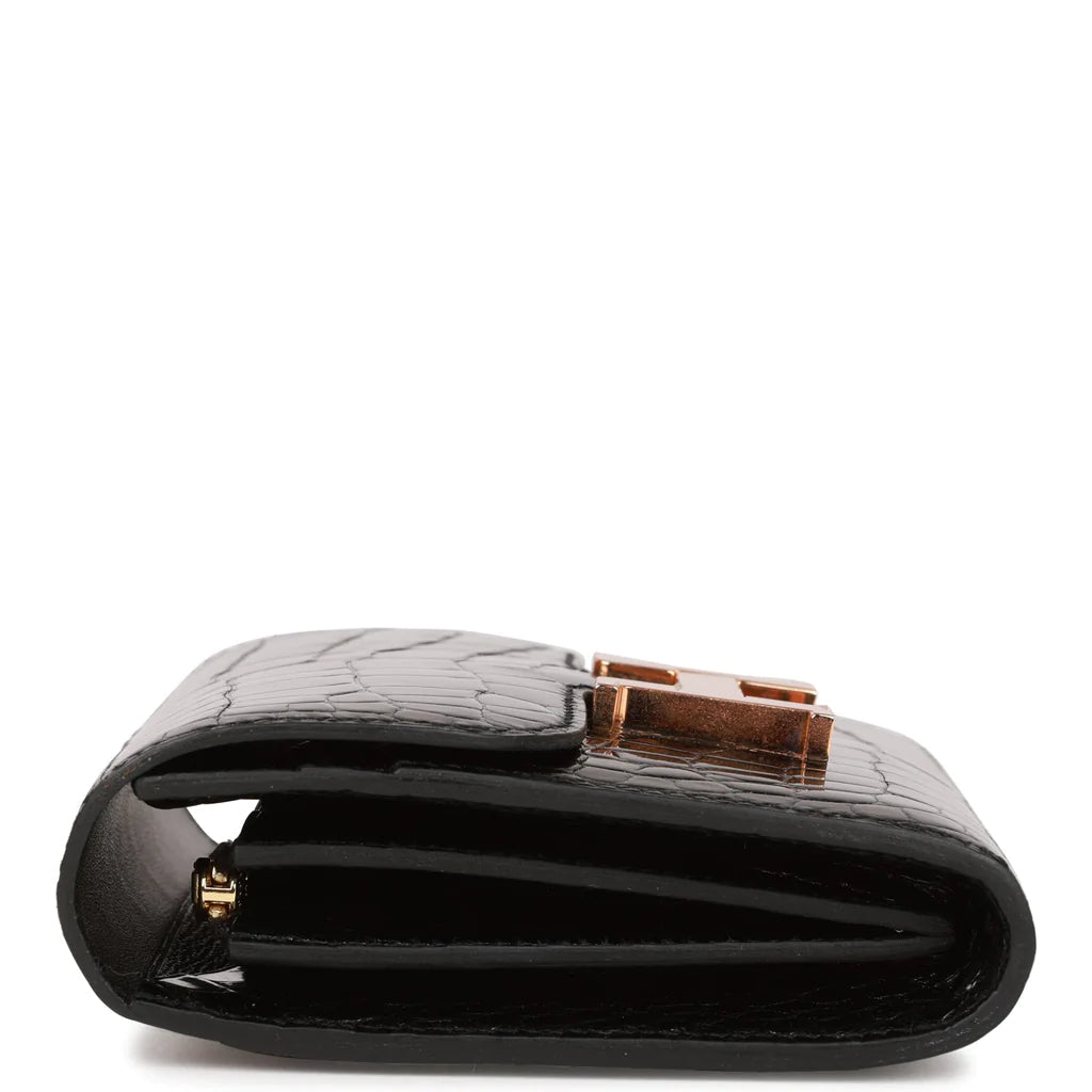 HE&ME Constance Compact Wallet Black Shiny Alligator Rose Gold Hardware