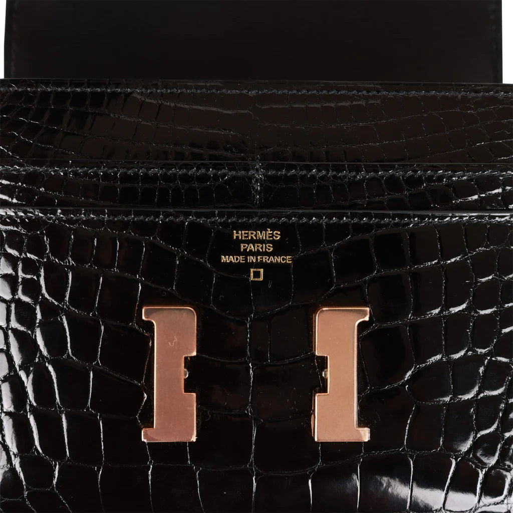 HE&ME Constance Compact Wallet Black Shiny Alligator Rose Gold Hardware
