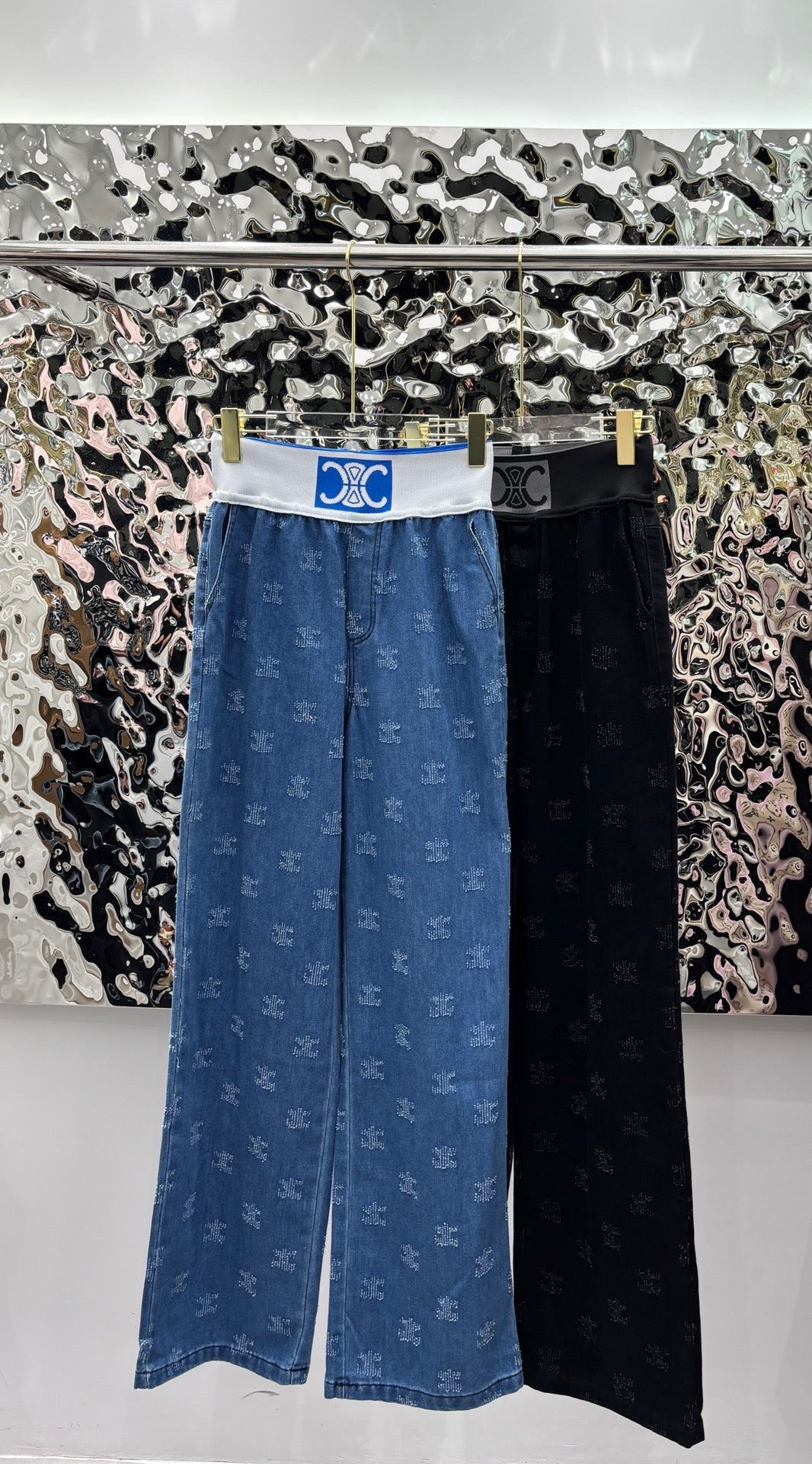 All-Over Print Washed Denim Jeans