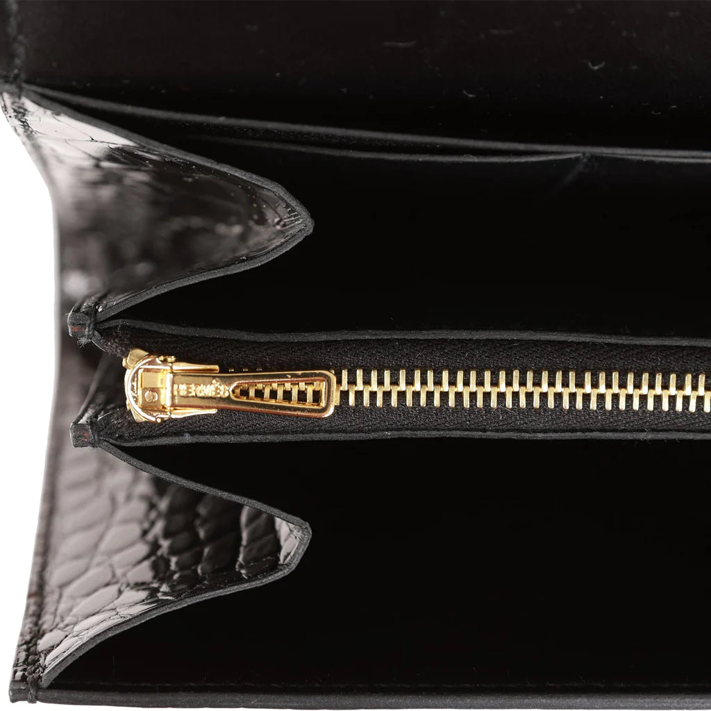 HE&ME Constance Compact Wallet Black Shiny Alligator Rose Gold Hardware