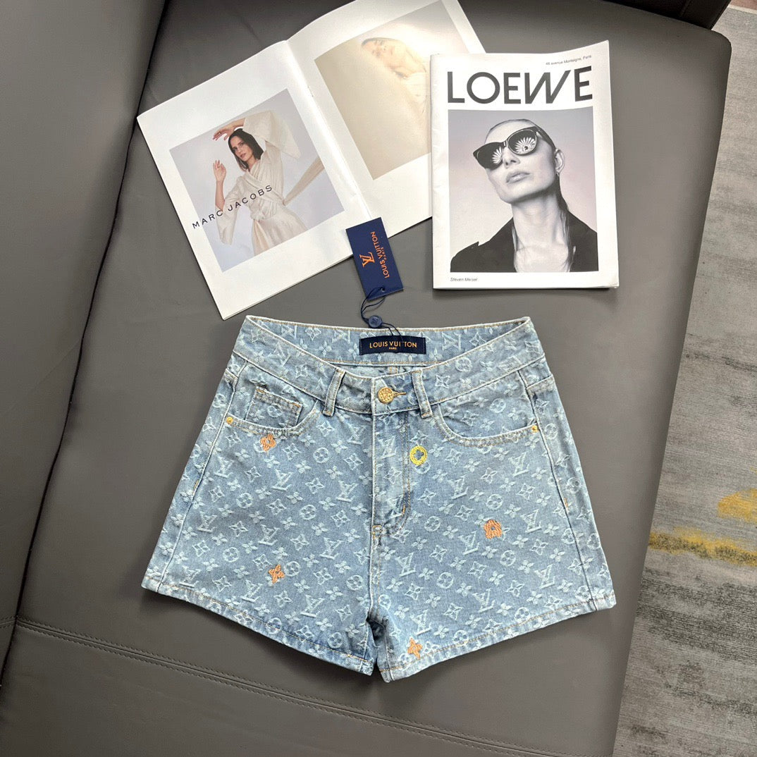 Embroidered Print Denim Shorts