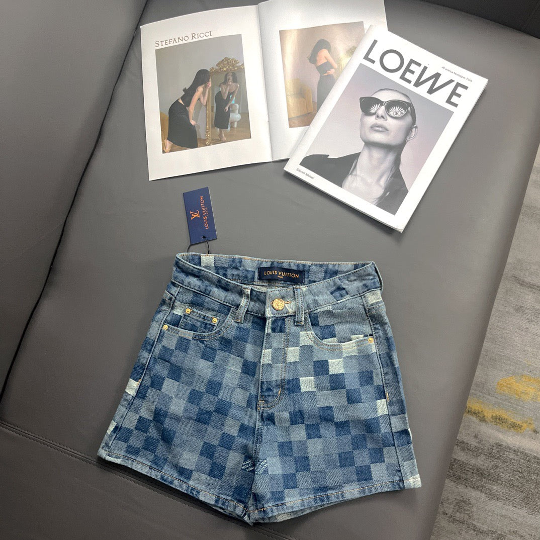 Checkerboard Letter Printed Denim Shorts