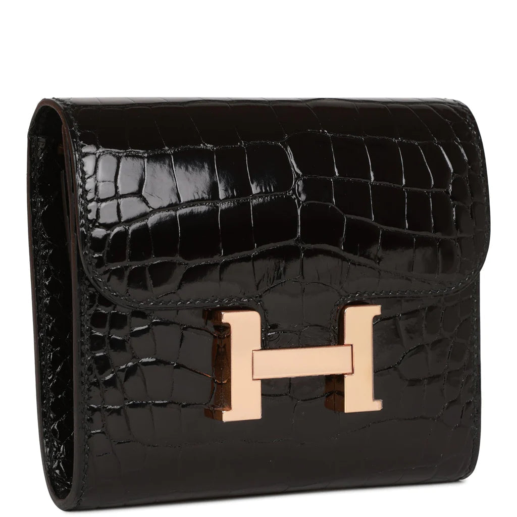 HE&ME Constance Compact Wallet Black Shiny Alligator Rose Gold Hardware