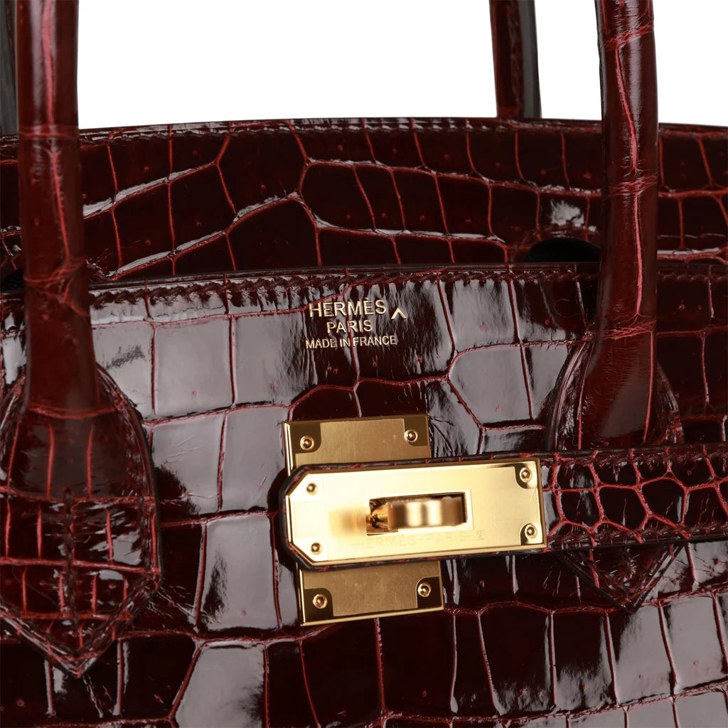 HE&ME Birkin 30 Bordeaux Shiny Porosus Crocodile Gold Hardware