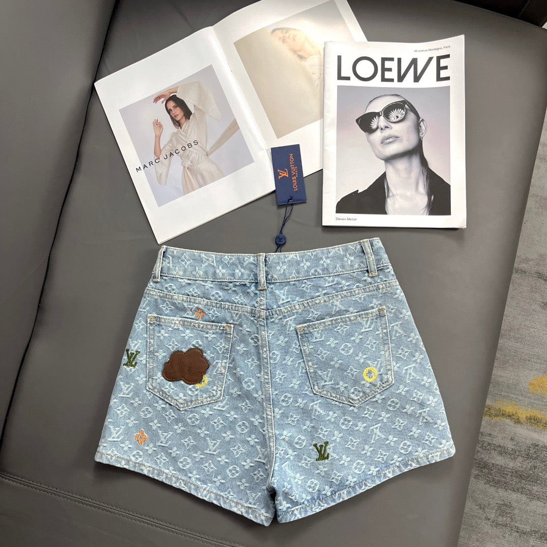 Embroidered Print Denim Shorts